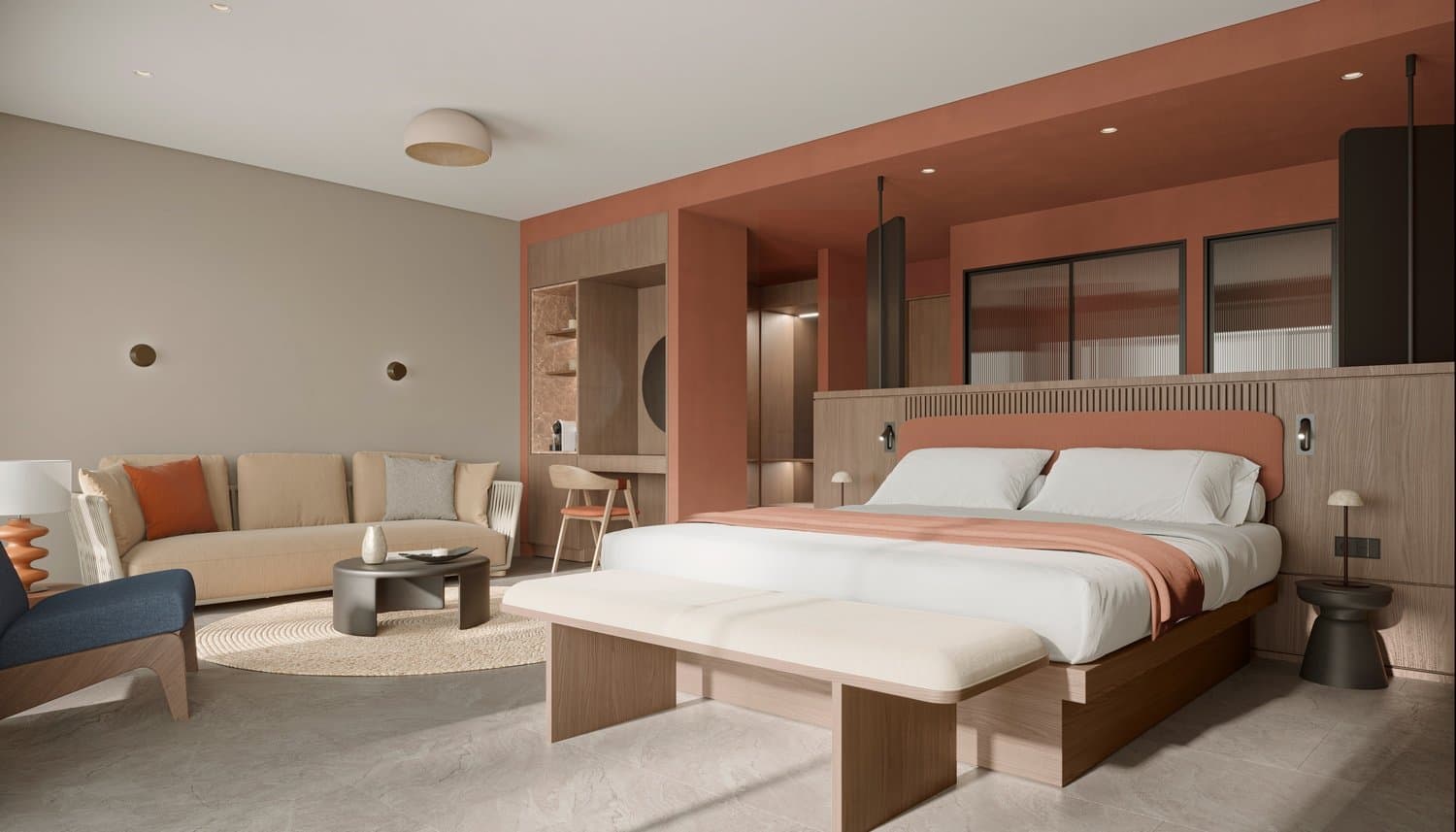 Light-coloured wooden surfaces and a rich palette of earthy tones creates a serene room experience
