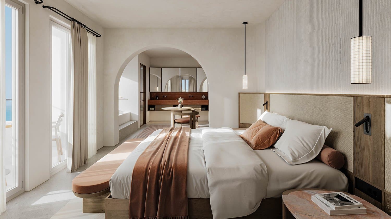 Though a multitude of textures -rough, soft, earthy, fragile- may combine in the bedroom, the whole remains bound to aegean simplicity