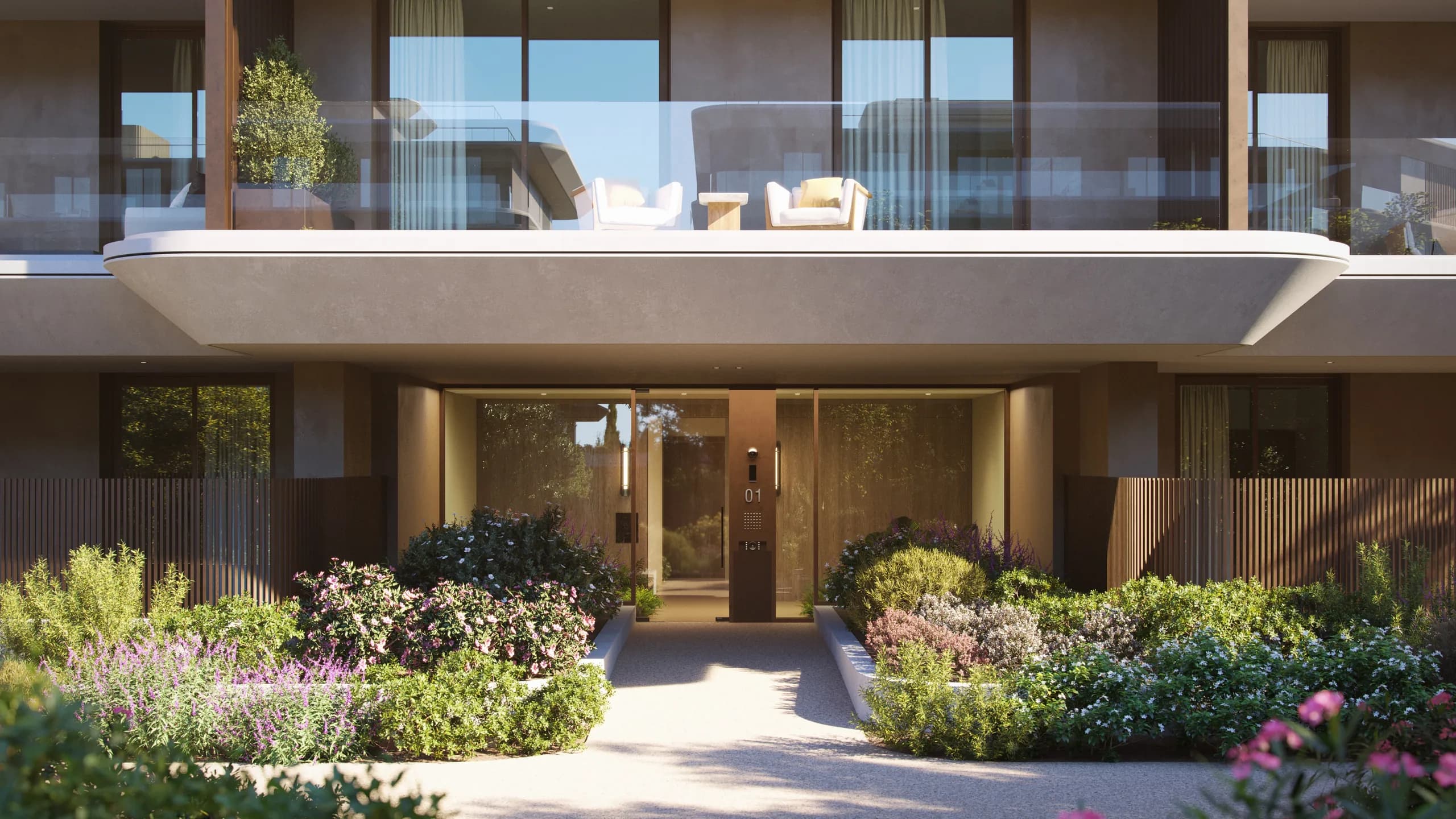 Luscious vegetation reaching all the way to the buildings' entrances