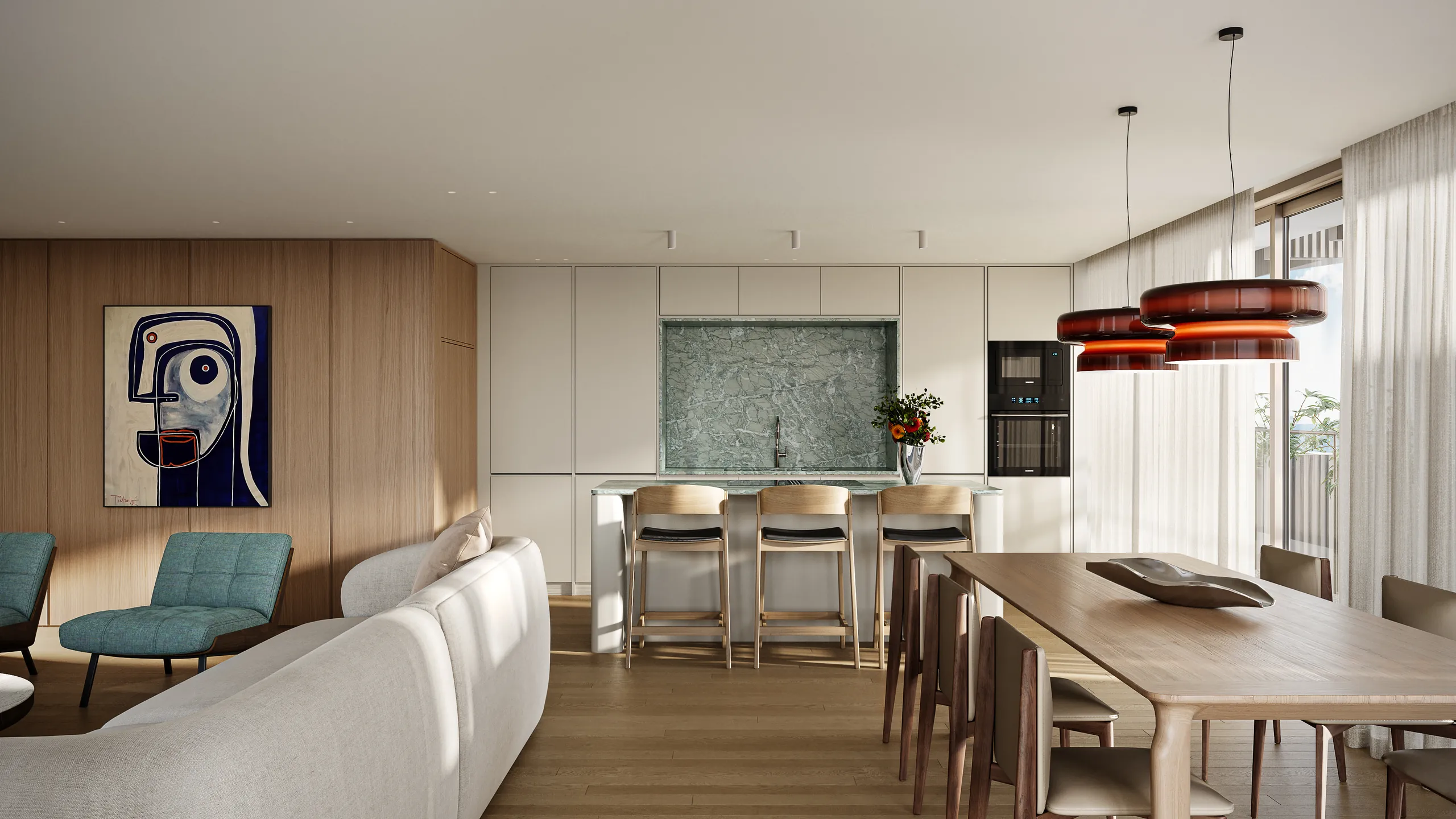 One of the block's typical living rooms and dining areas