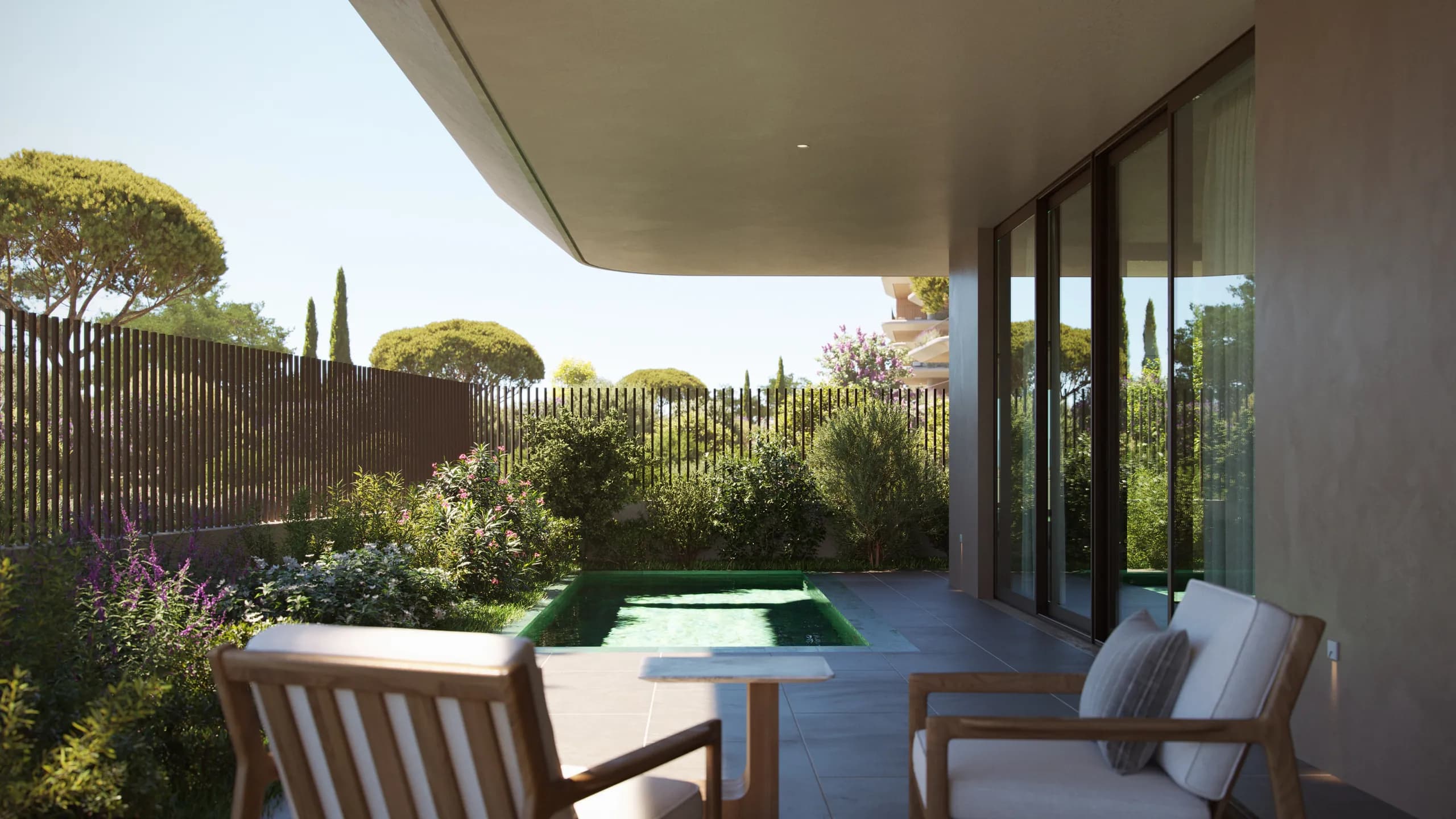 The courtyard extends towards the groundfloor residential spaces though private gardens