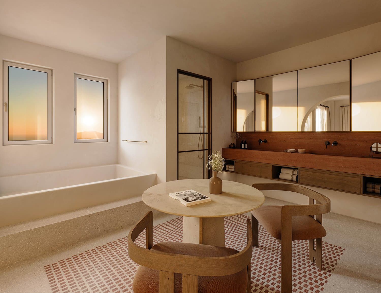 The bathroom is also dipped in the sweet orange tones of the sunset