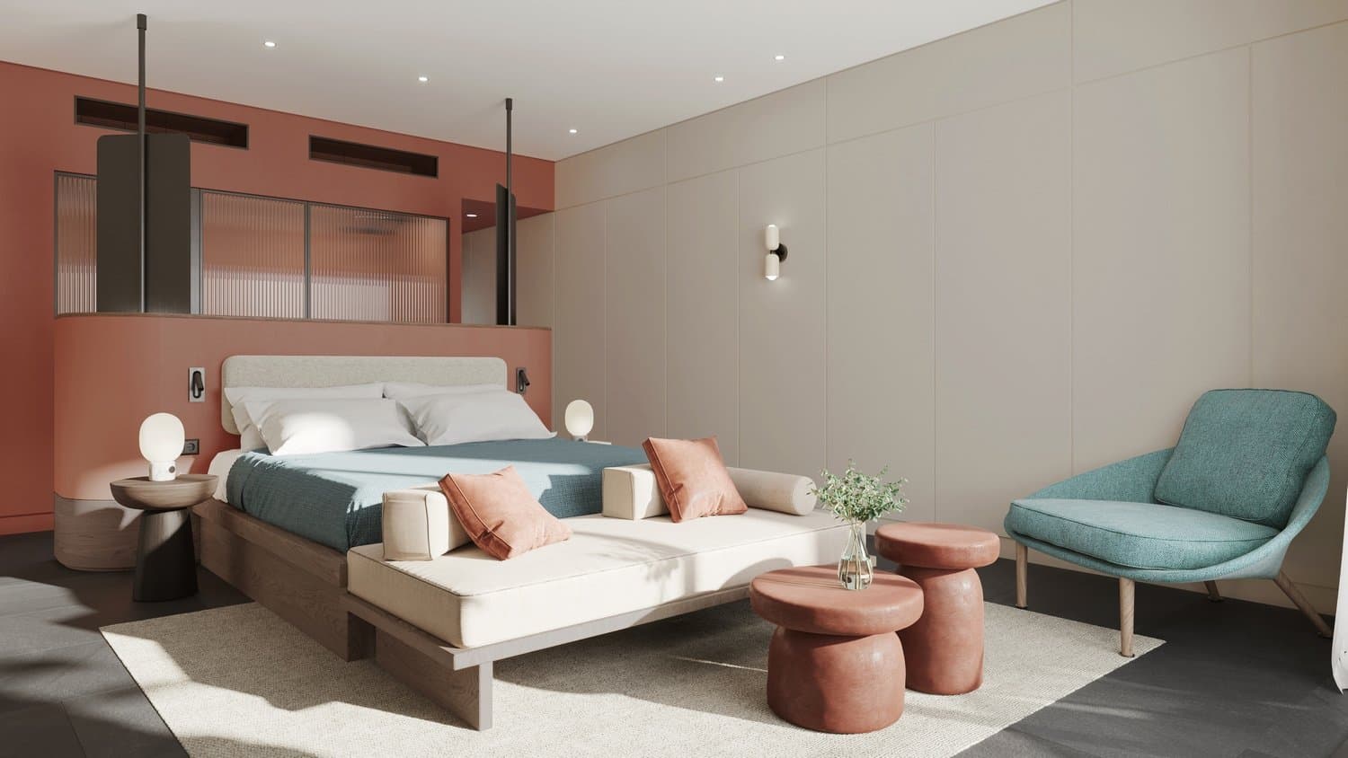 Light-coloured wooden surfaces and a rich palette of earthy tones creates a serene room experience