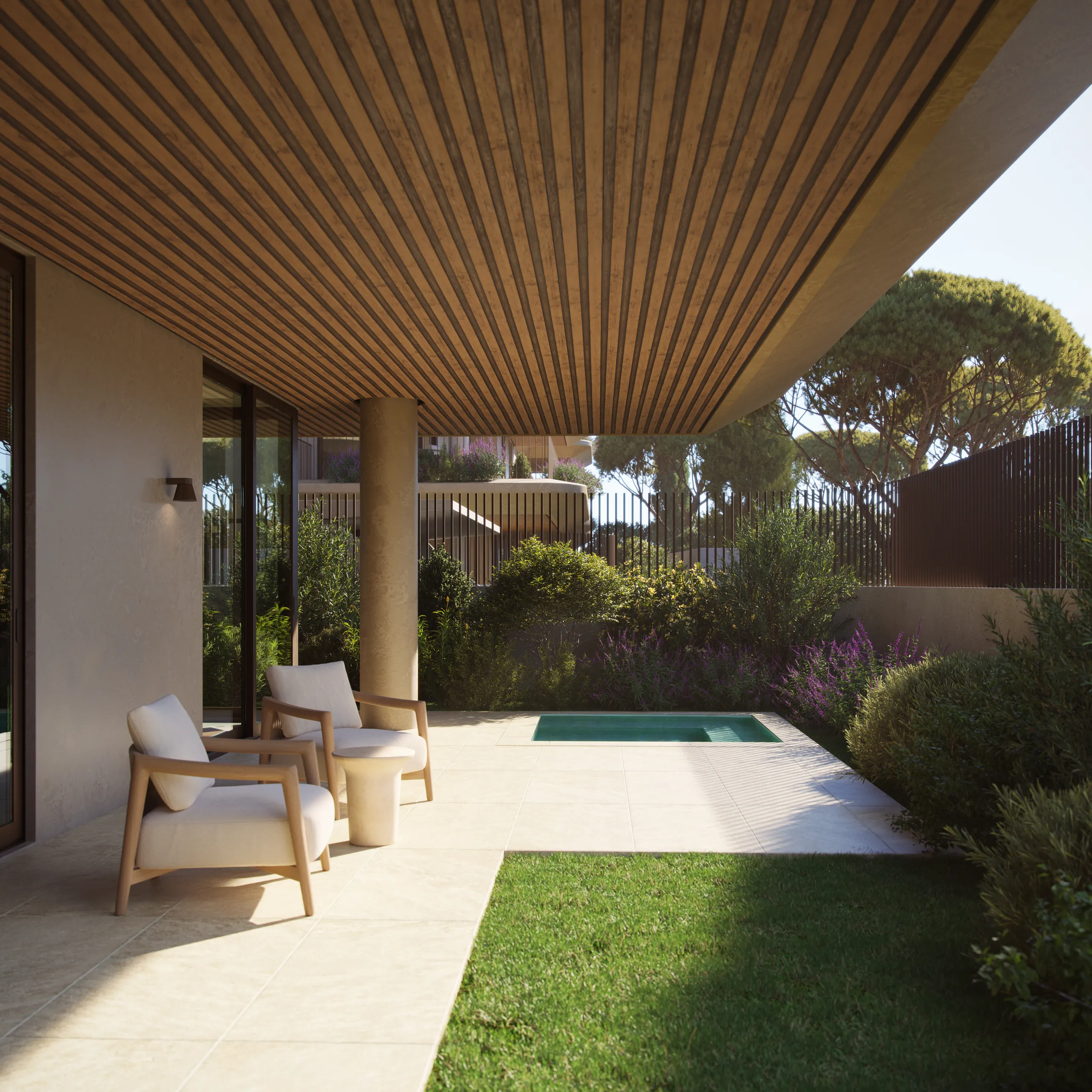 The vivid natural landscape of the groundfloor private gardens
