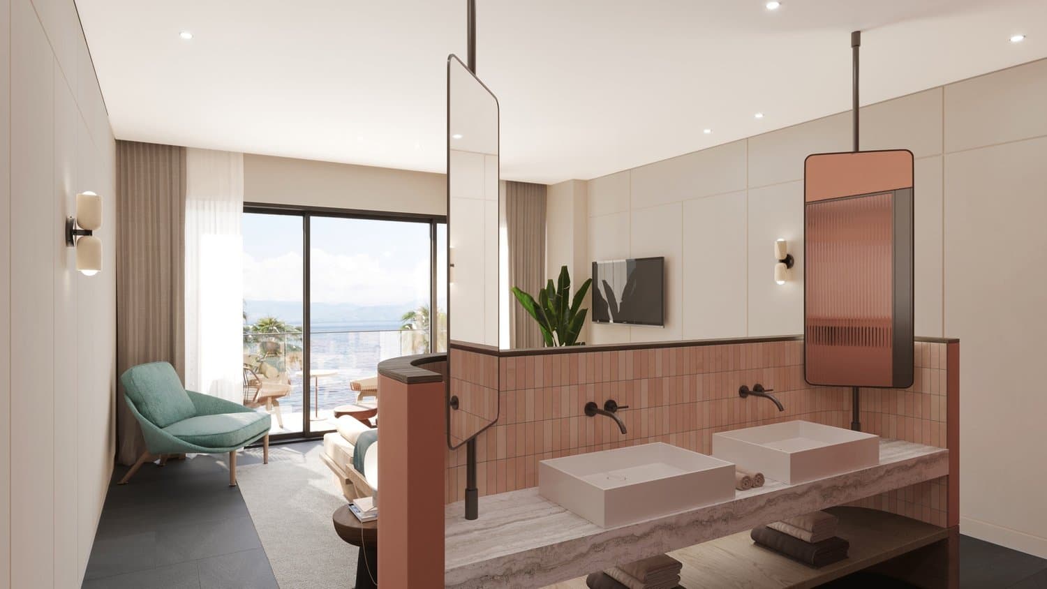 The sink area is integrated into the room