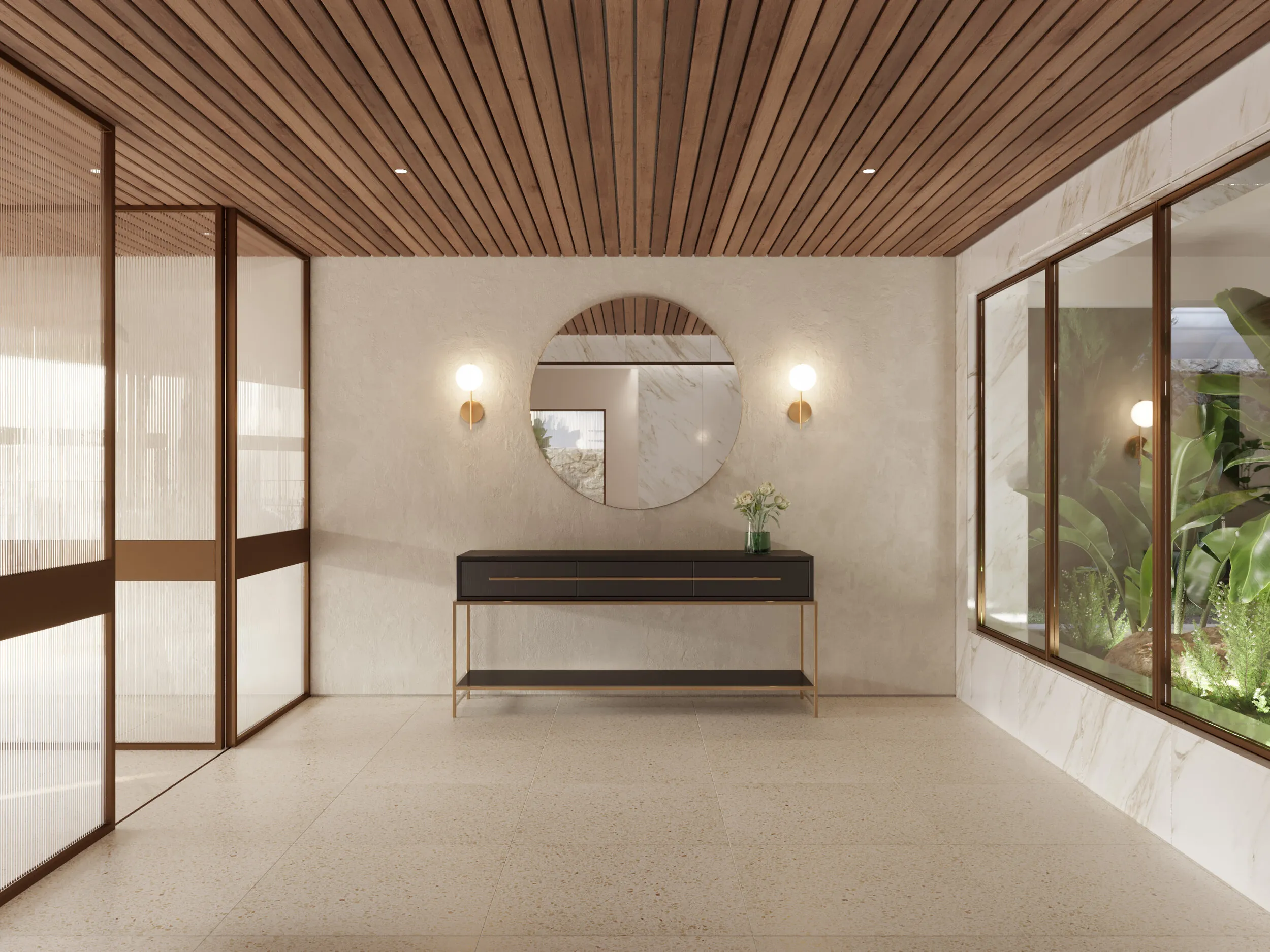 Lobby with round mirror and wood-slat ceiling
