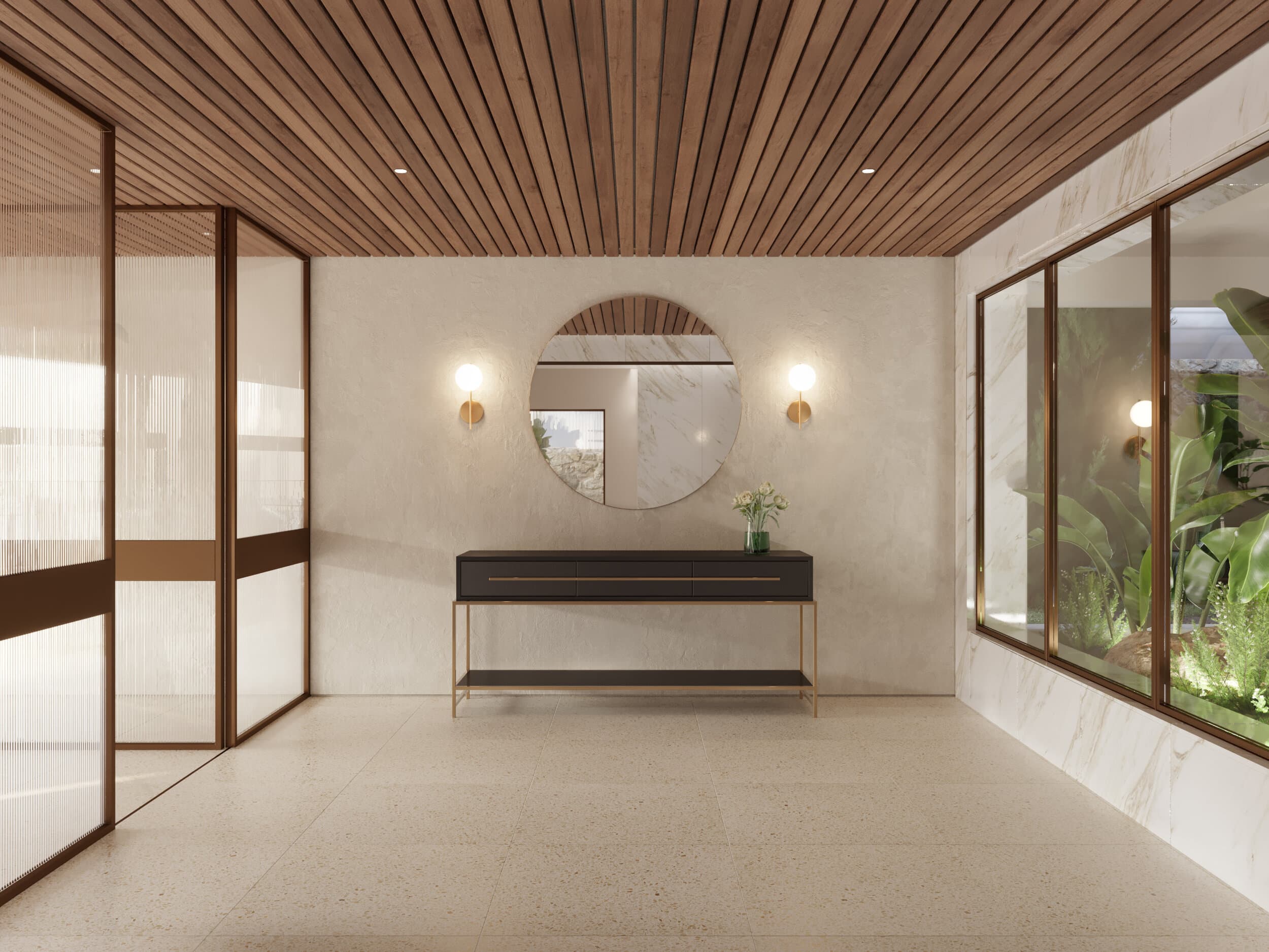 Lobby with round mirror and wood-slat ceiling