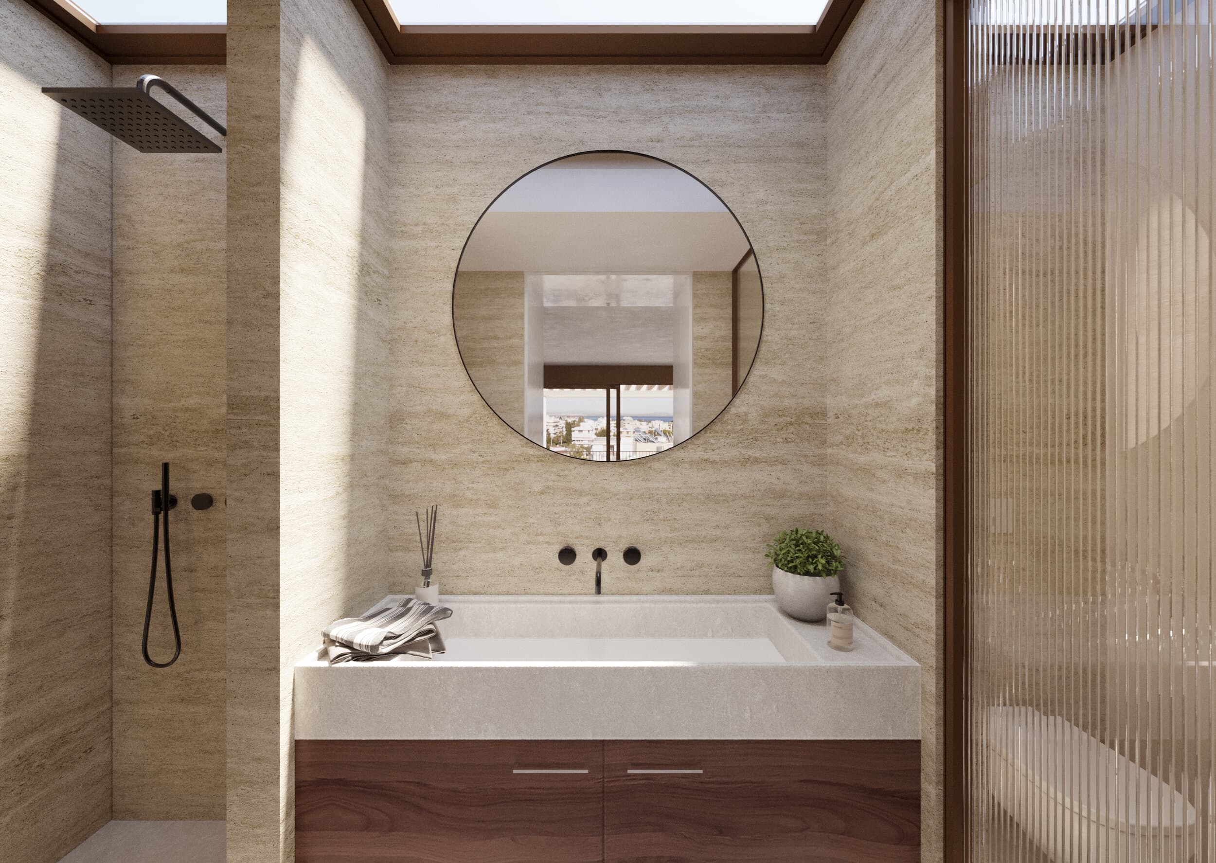 Fifth-floor bathroom in travertine