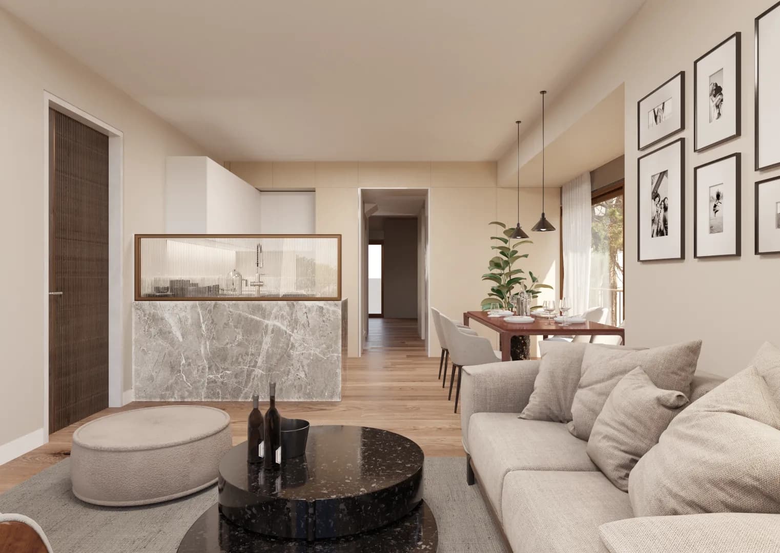 Living room towards the marble kitchen island