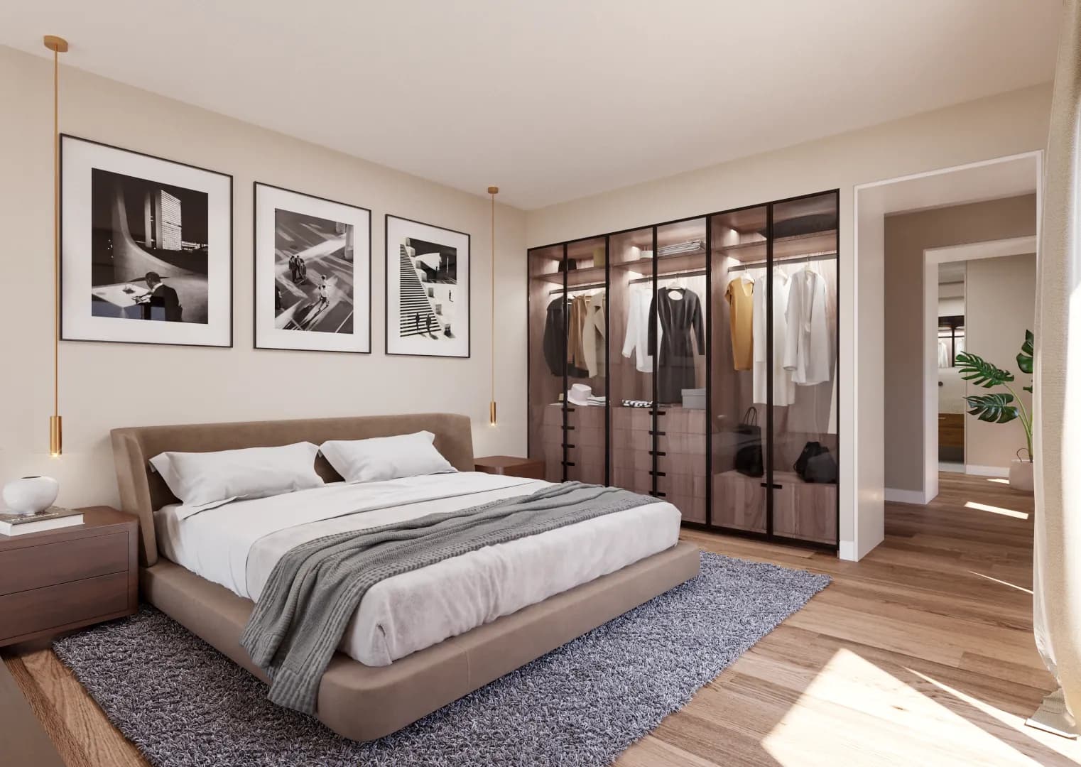Bedroom with glass-fronted wardrobes