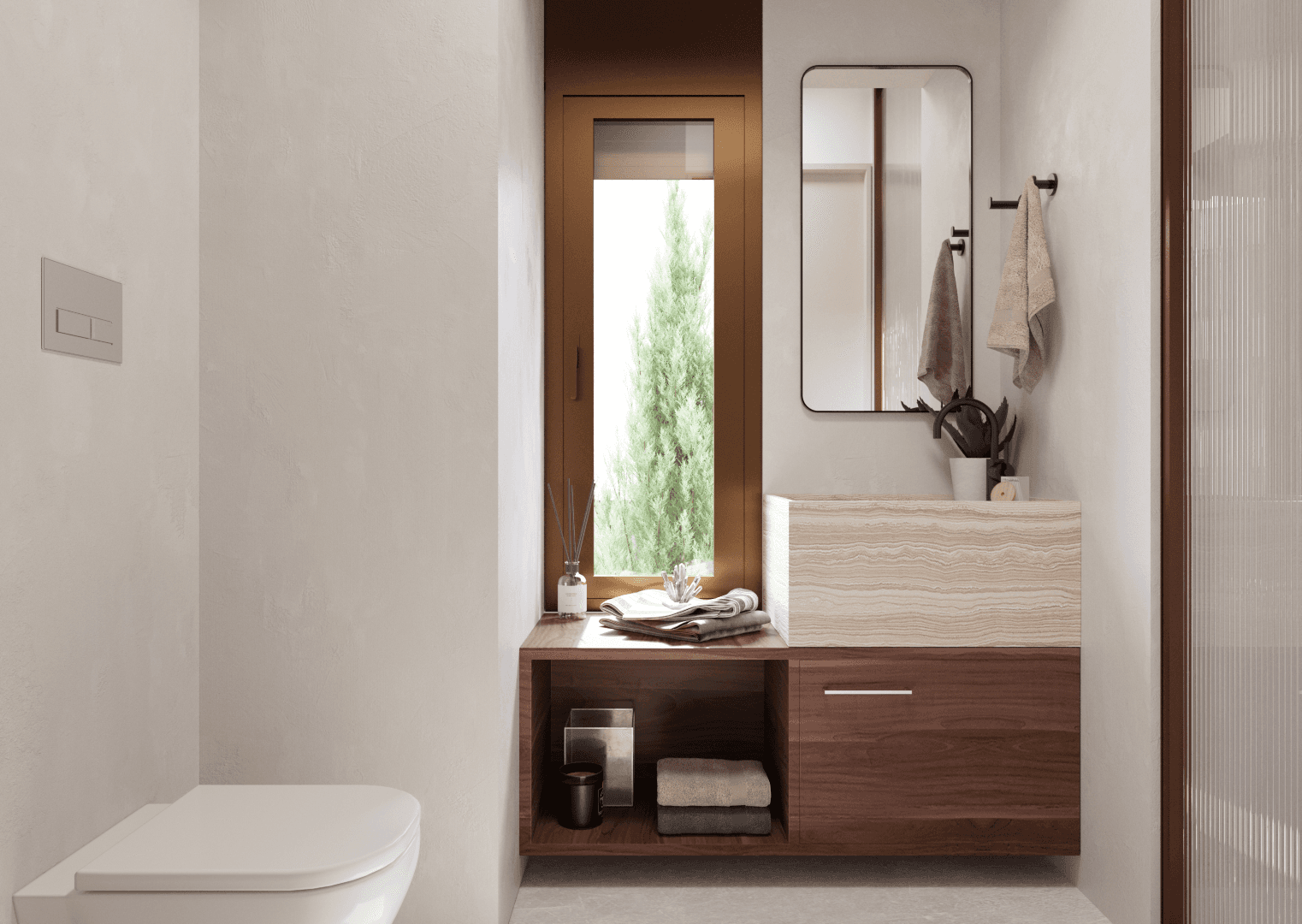 Guest WC with bronze-framed window