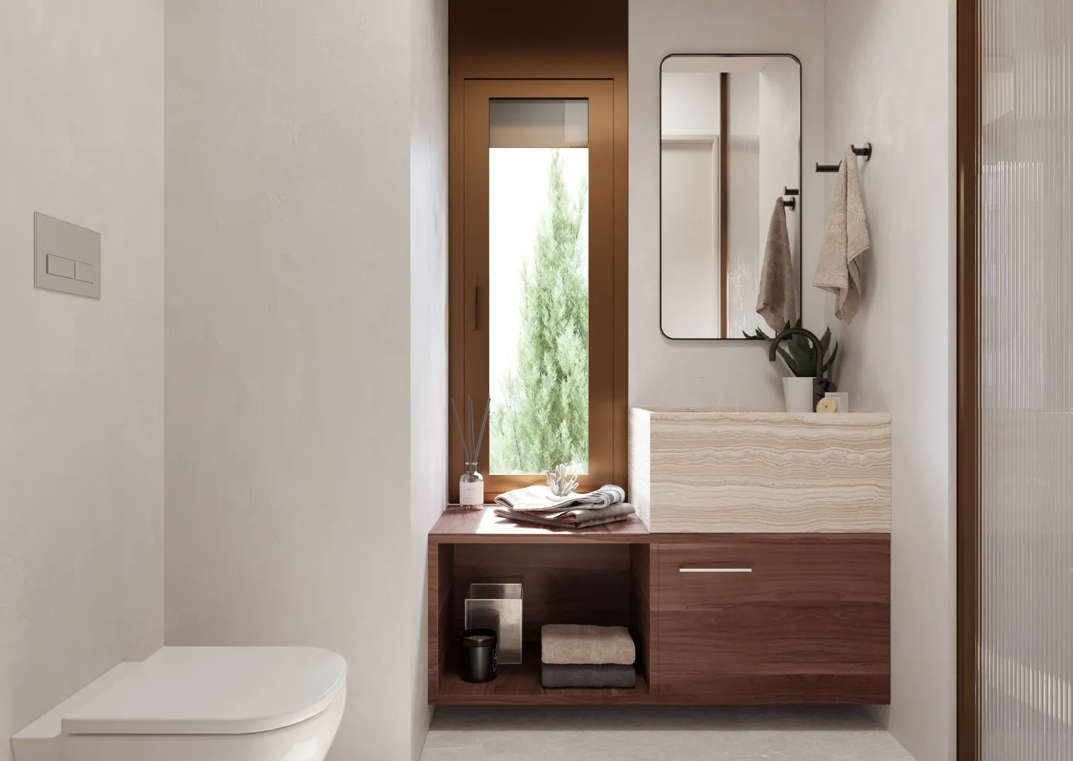 Guest WC with bronze-framed window