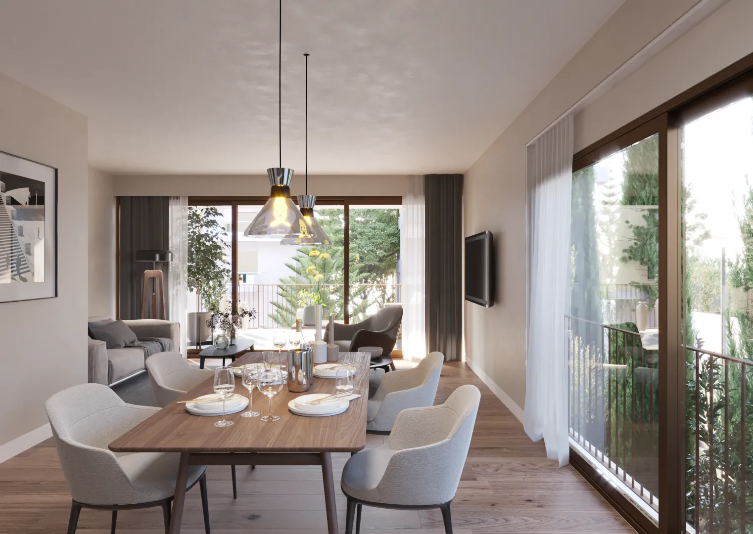 Dining room with brass pendant lights