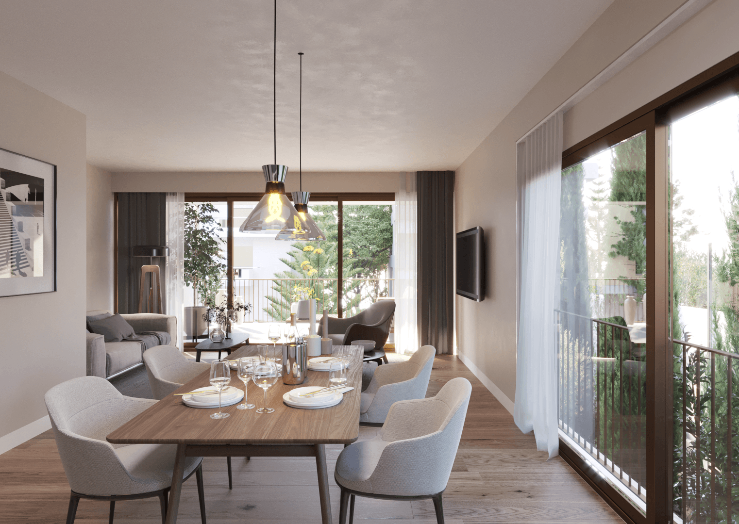 Dining room with brass pendant lights