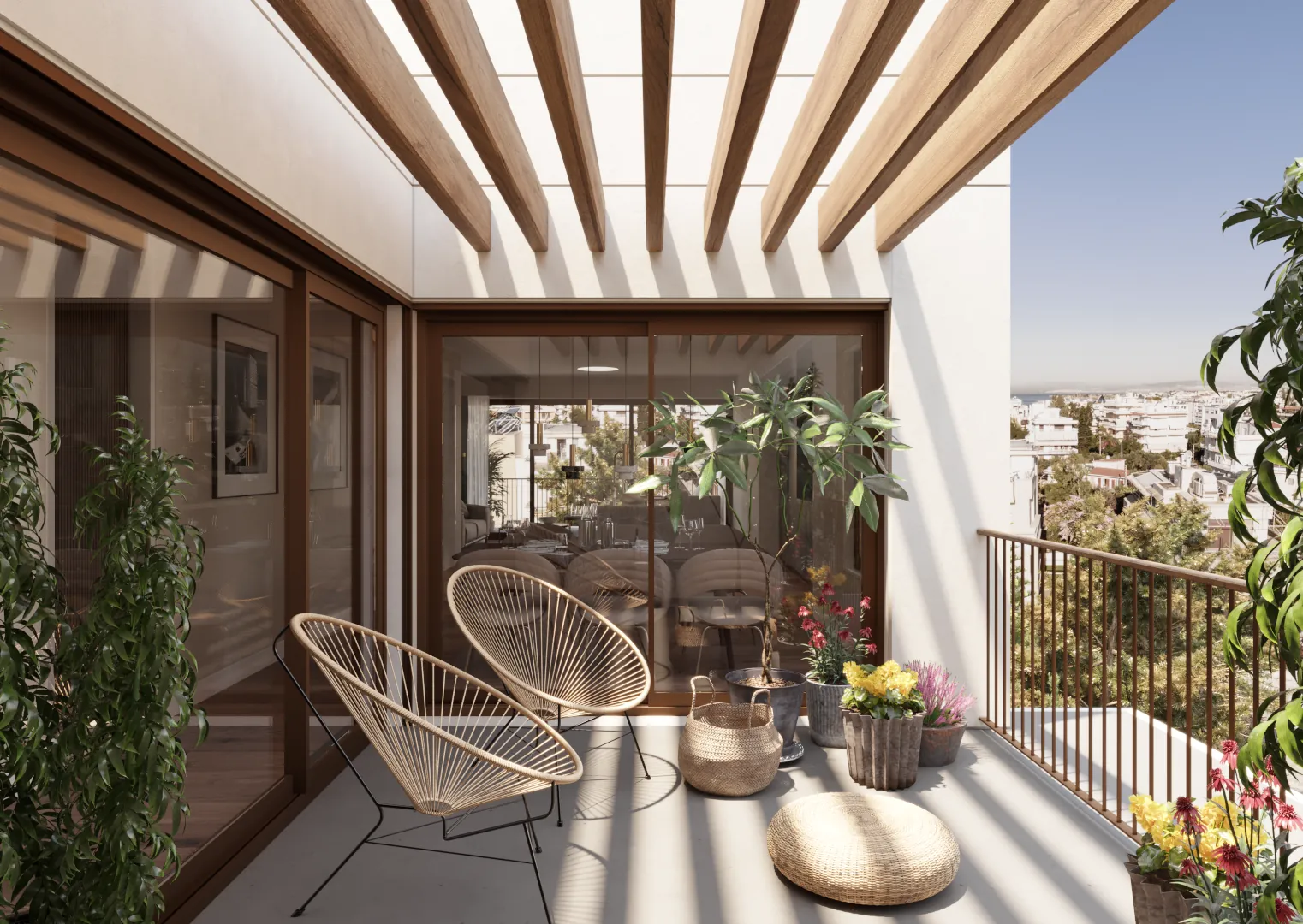 Rooftop balcony under the pergola, overlooking Voula