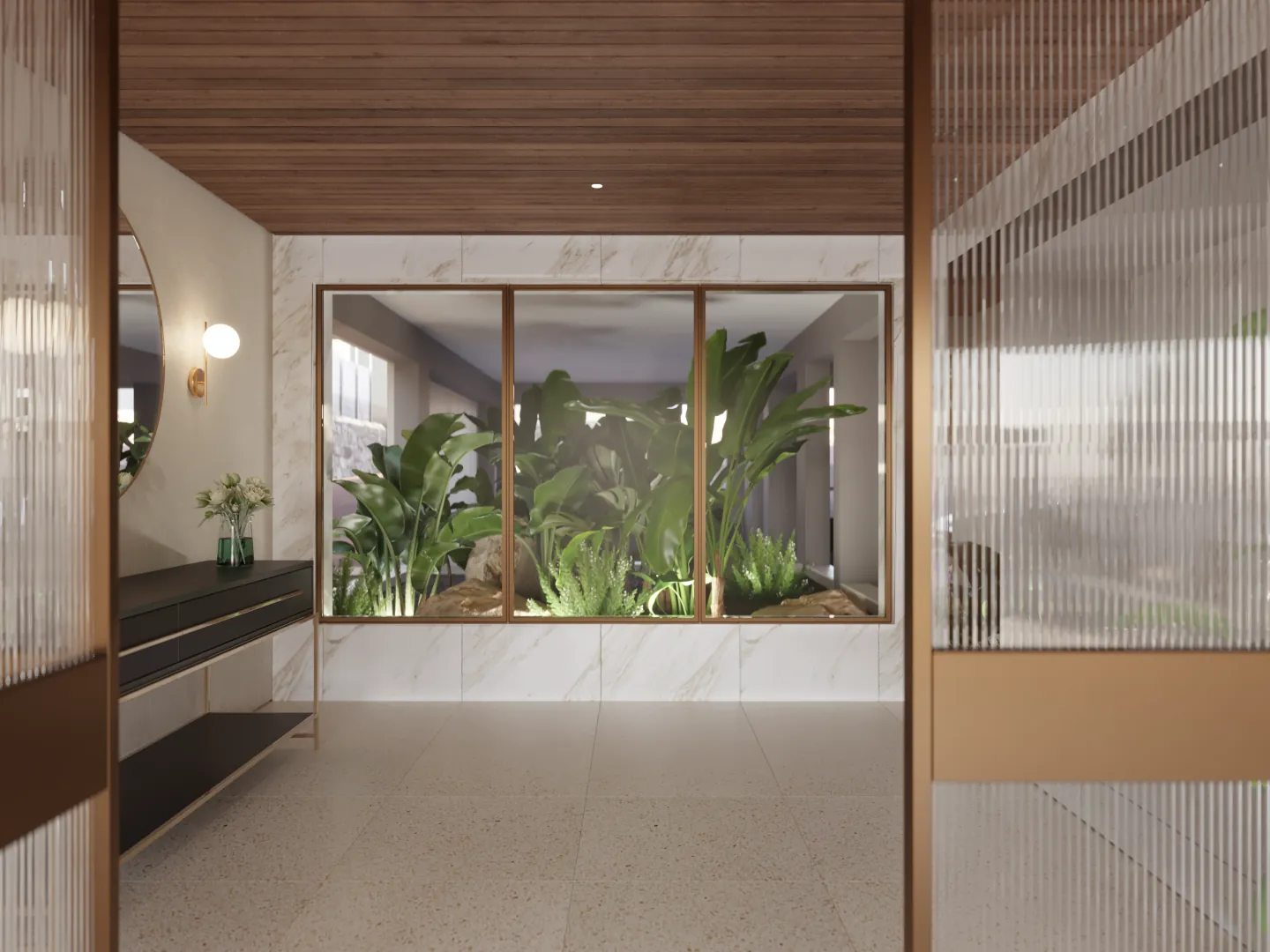 Planted light-well seen from the lobby