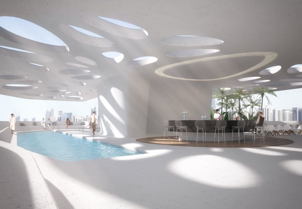 Rooftop pool terrace beneath the perforated canopy