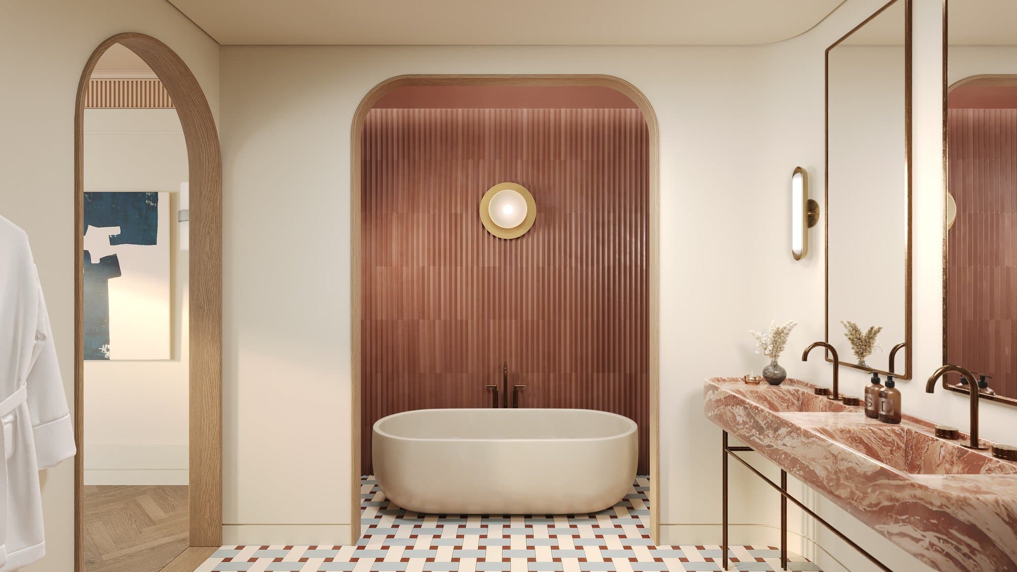 Freestanding bath in a fluted terracotta alcove