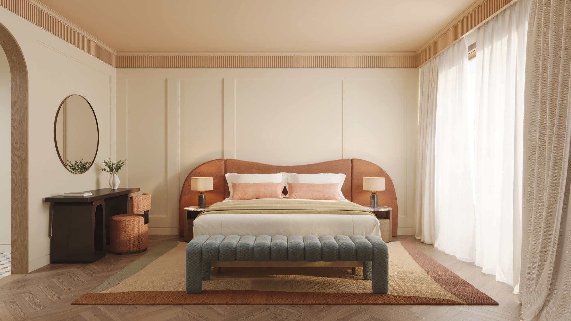 One-bedroom suite with sculpted terracotta headboard