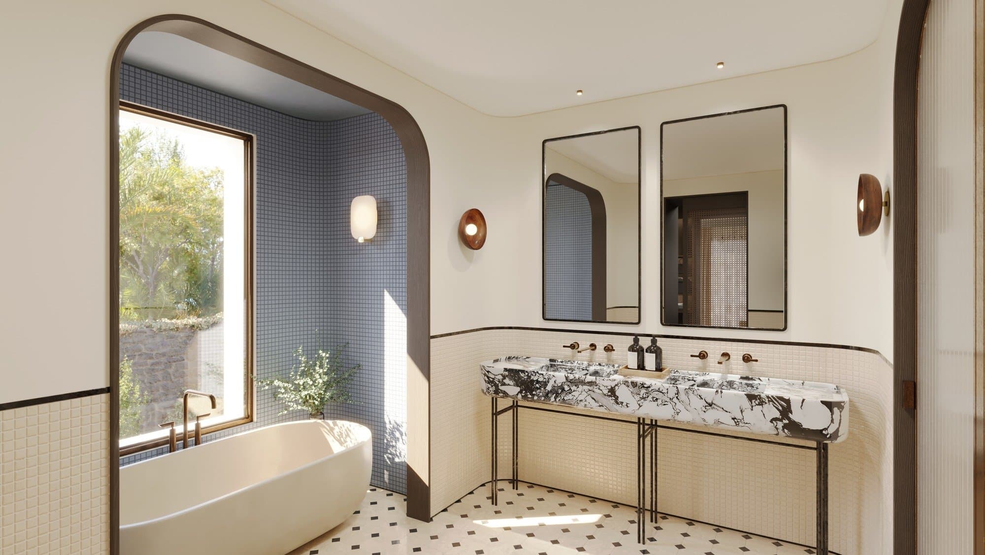 Penthouse bathroom with mosaic-lined bathing alcove