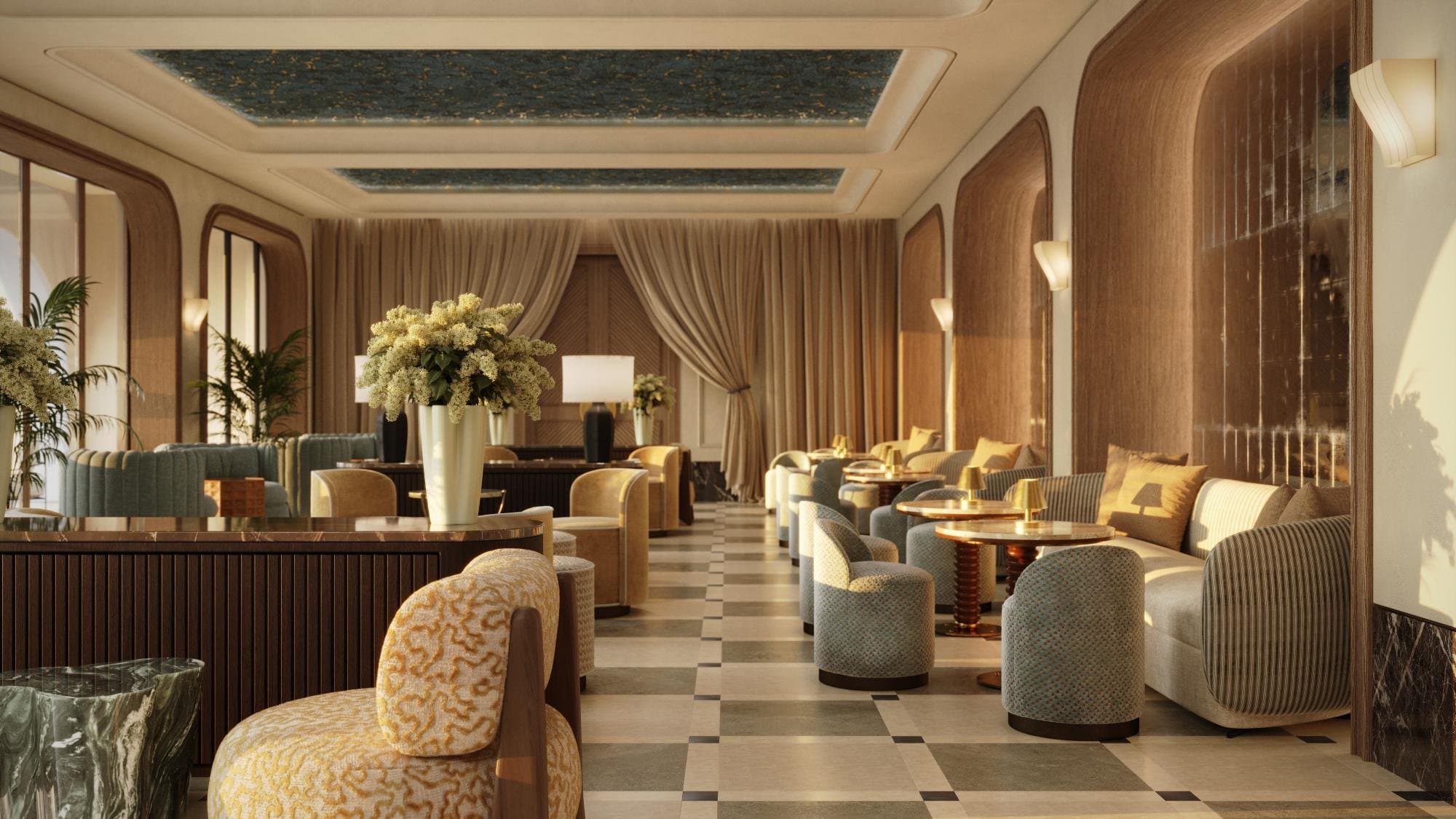 Lounge seating along the marble consoles