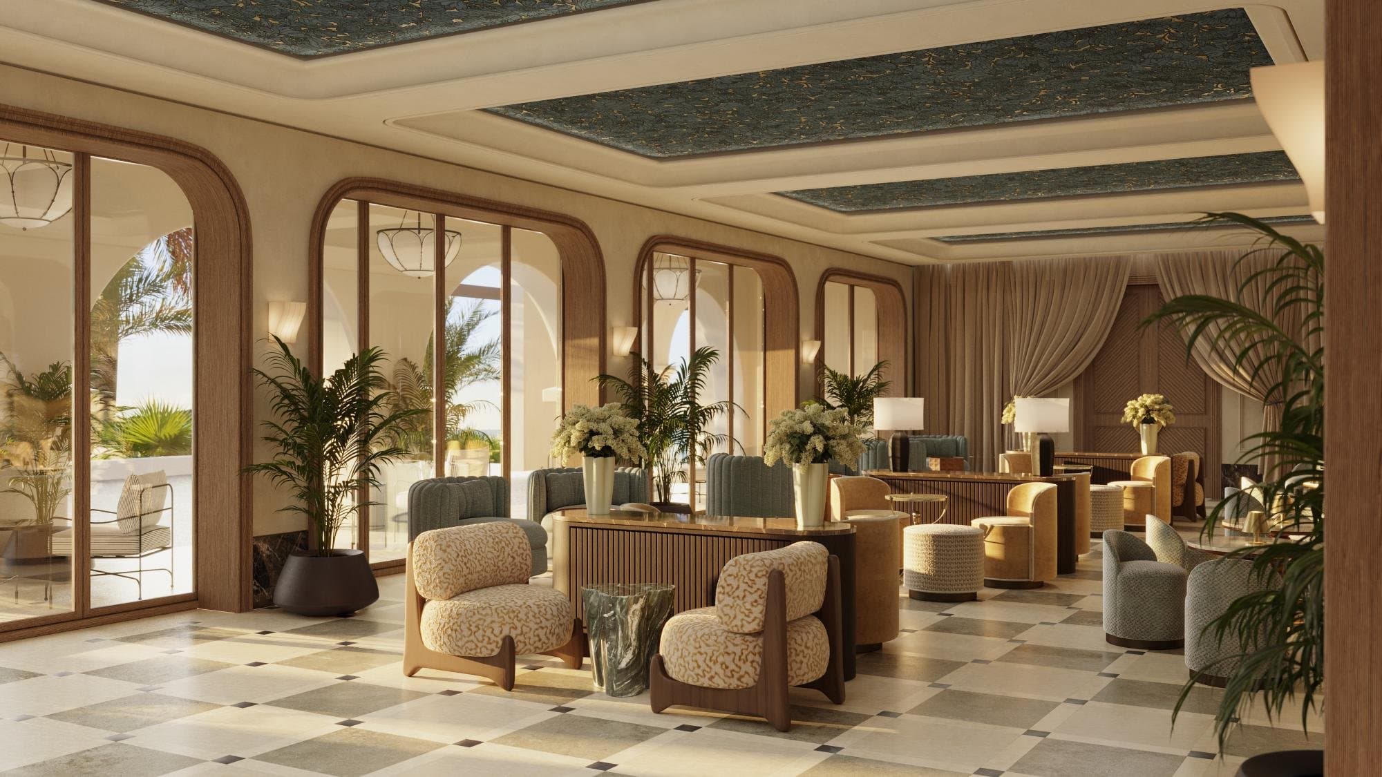 Arched windows opening the lounge to the terrace