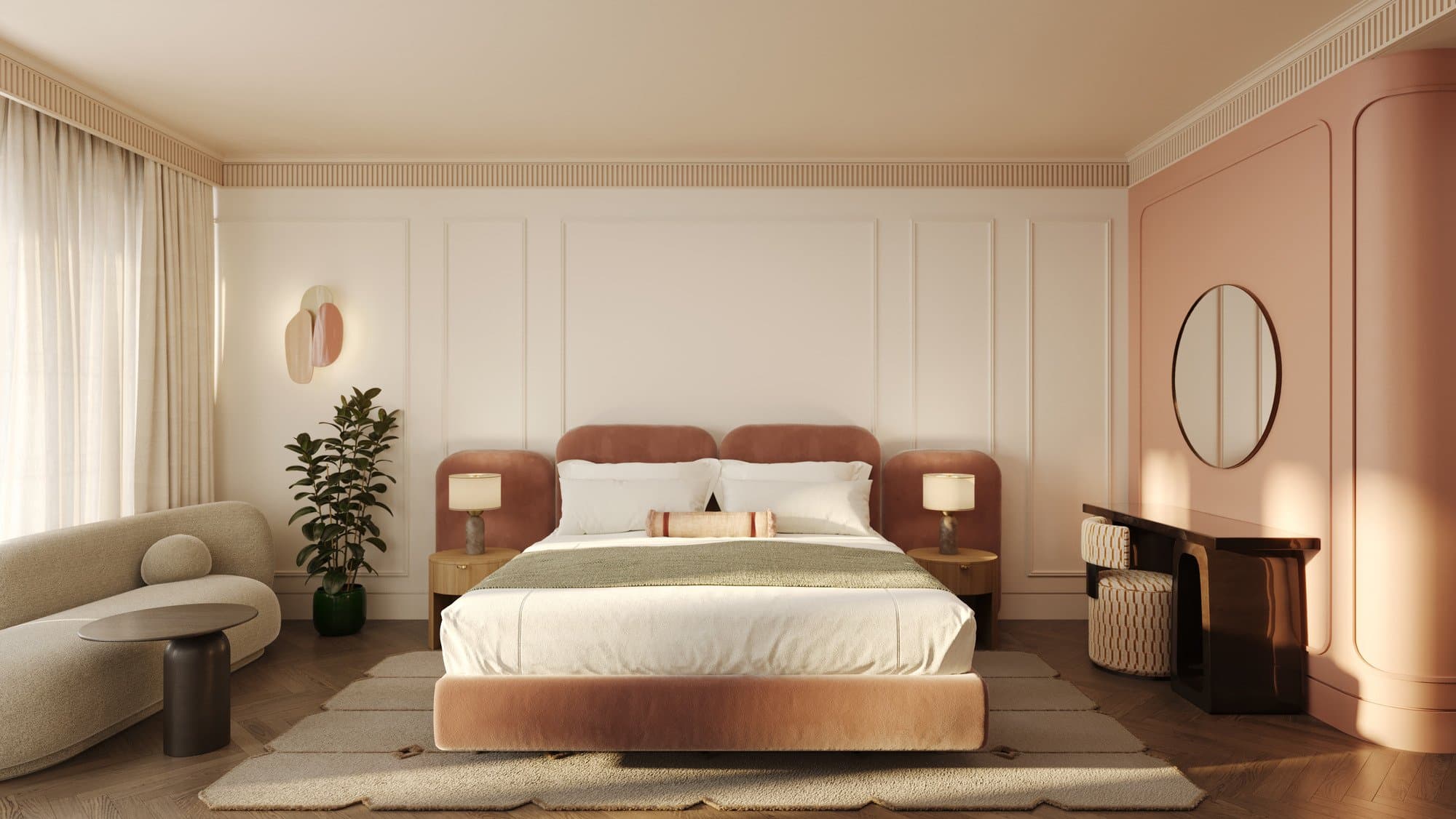 Executive bedroom in blush and rose velvet