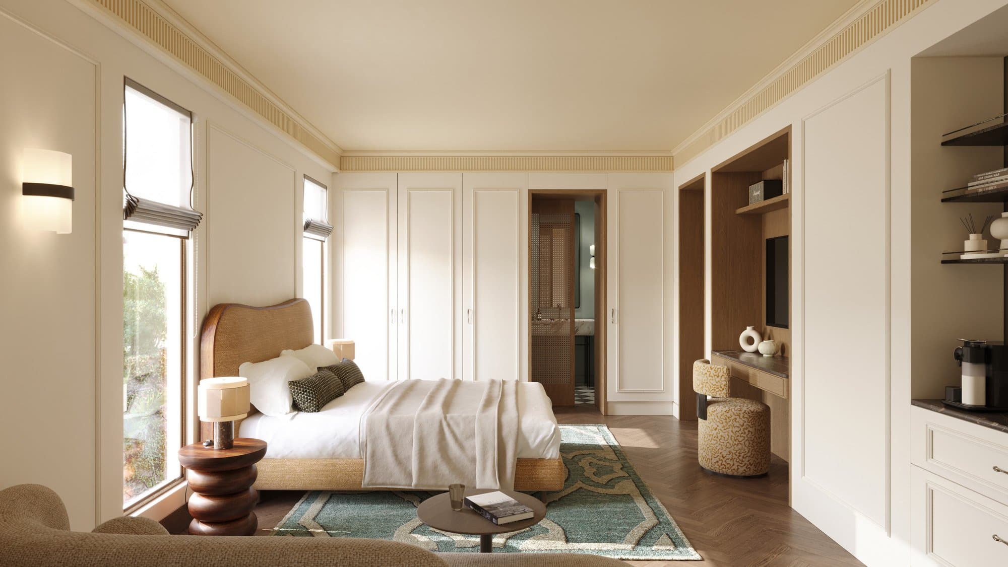Junior suite bedroom with cane headboard