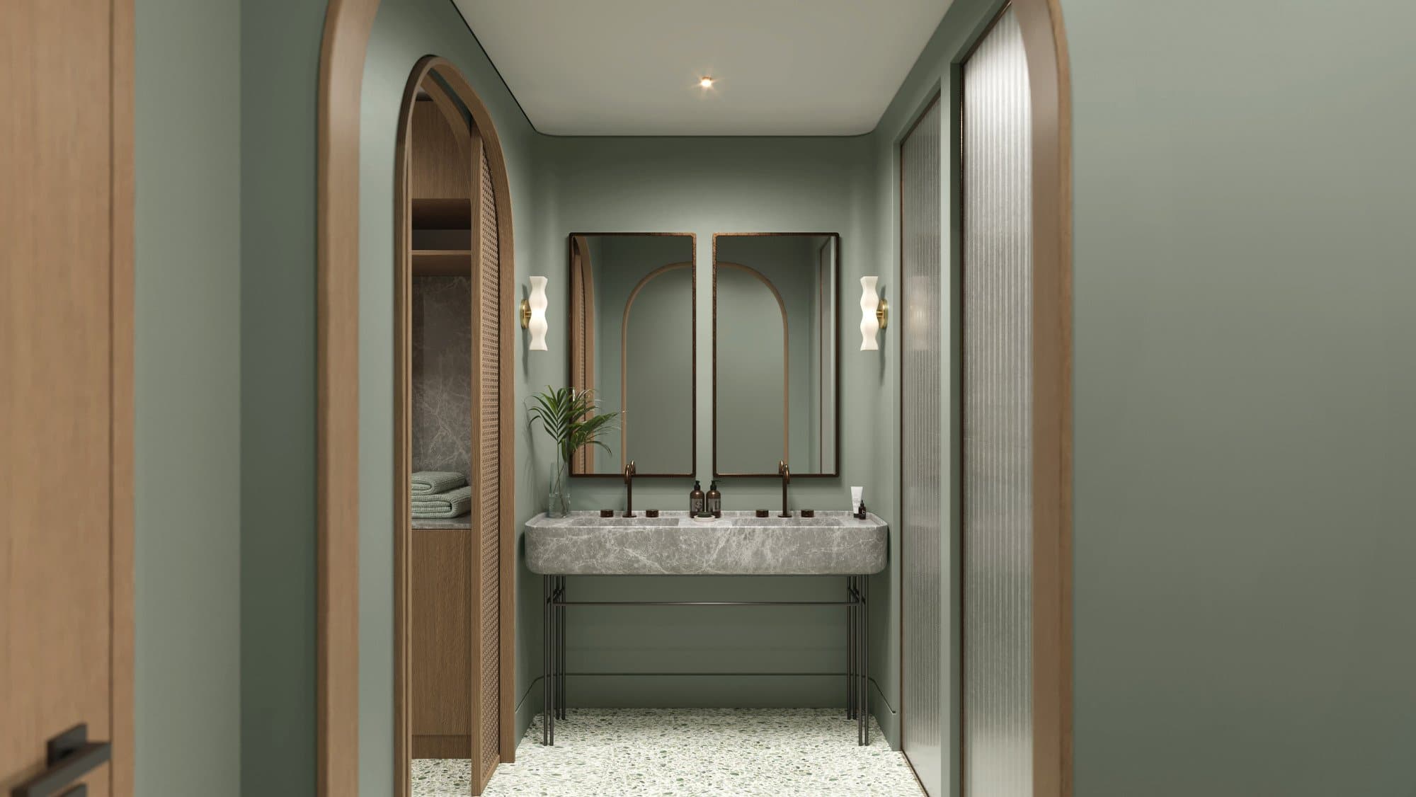 Garden room bathroom in sage green