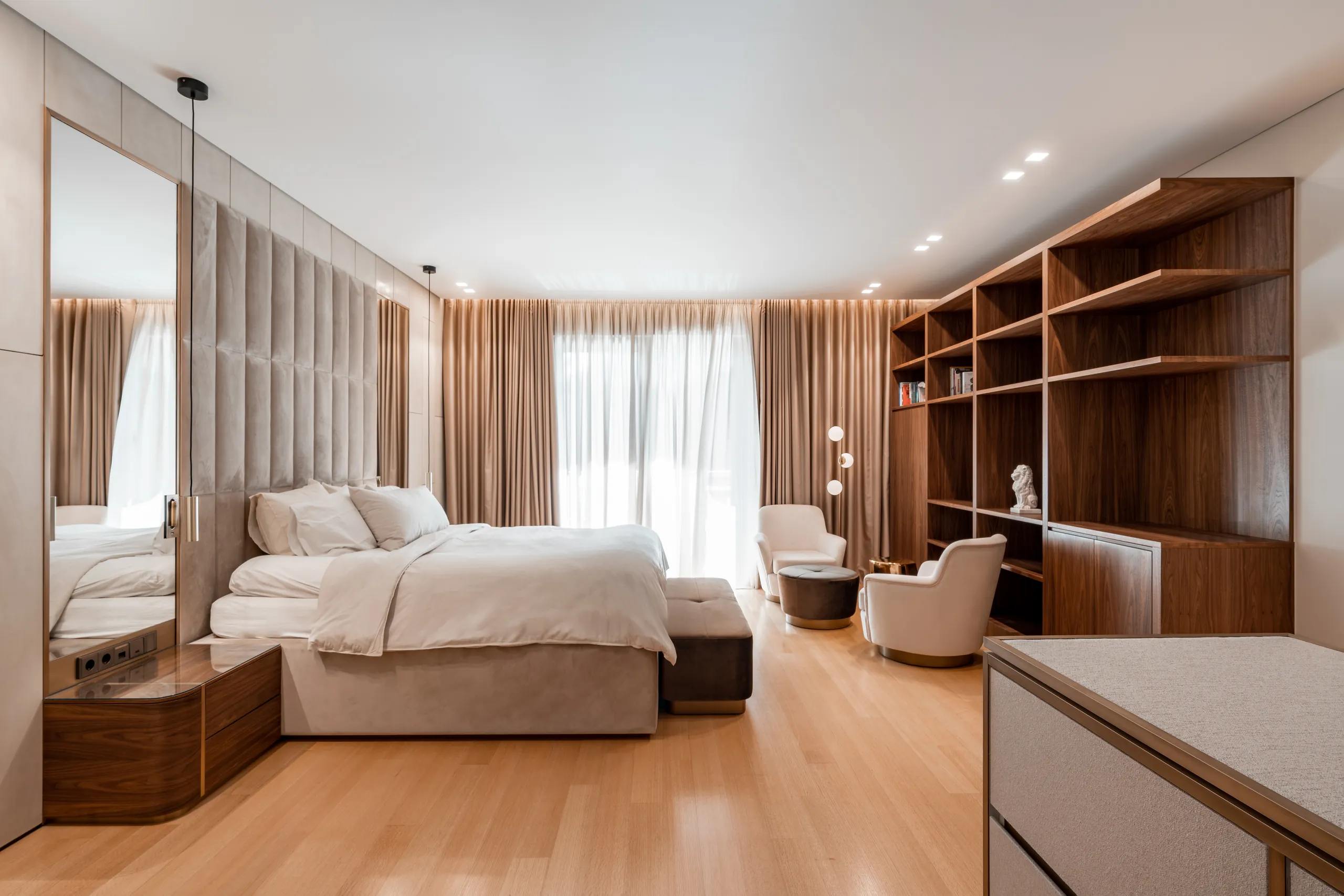 Master bedroom in tonal wood and drapery