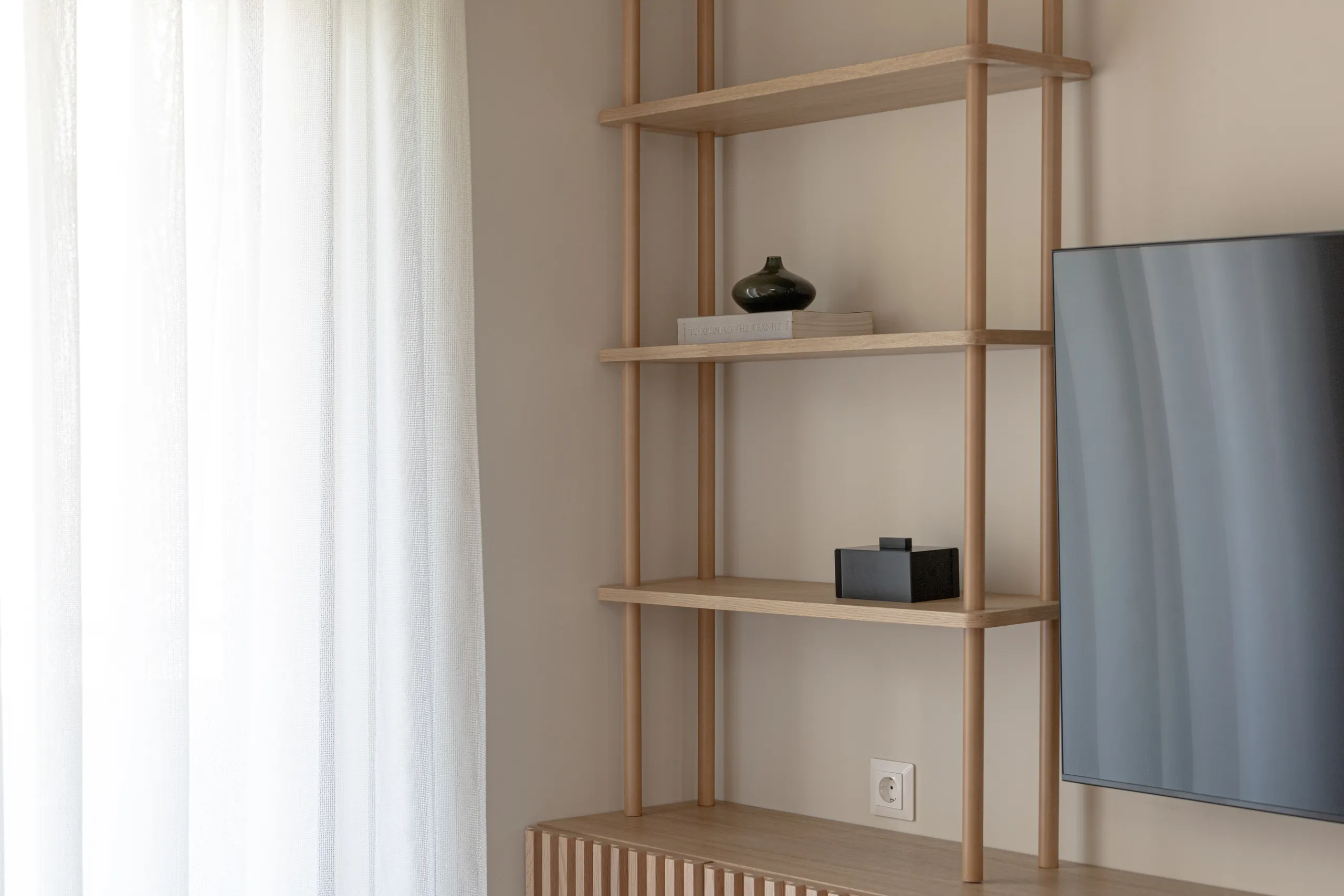 Oak shelving unit in the living room
