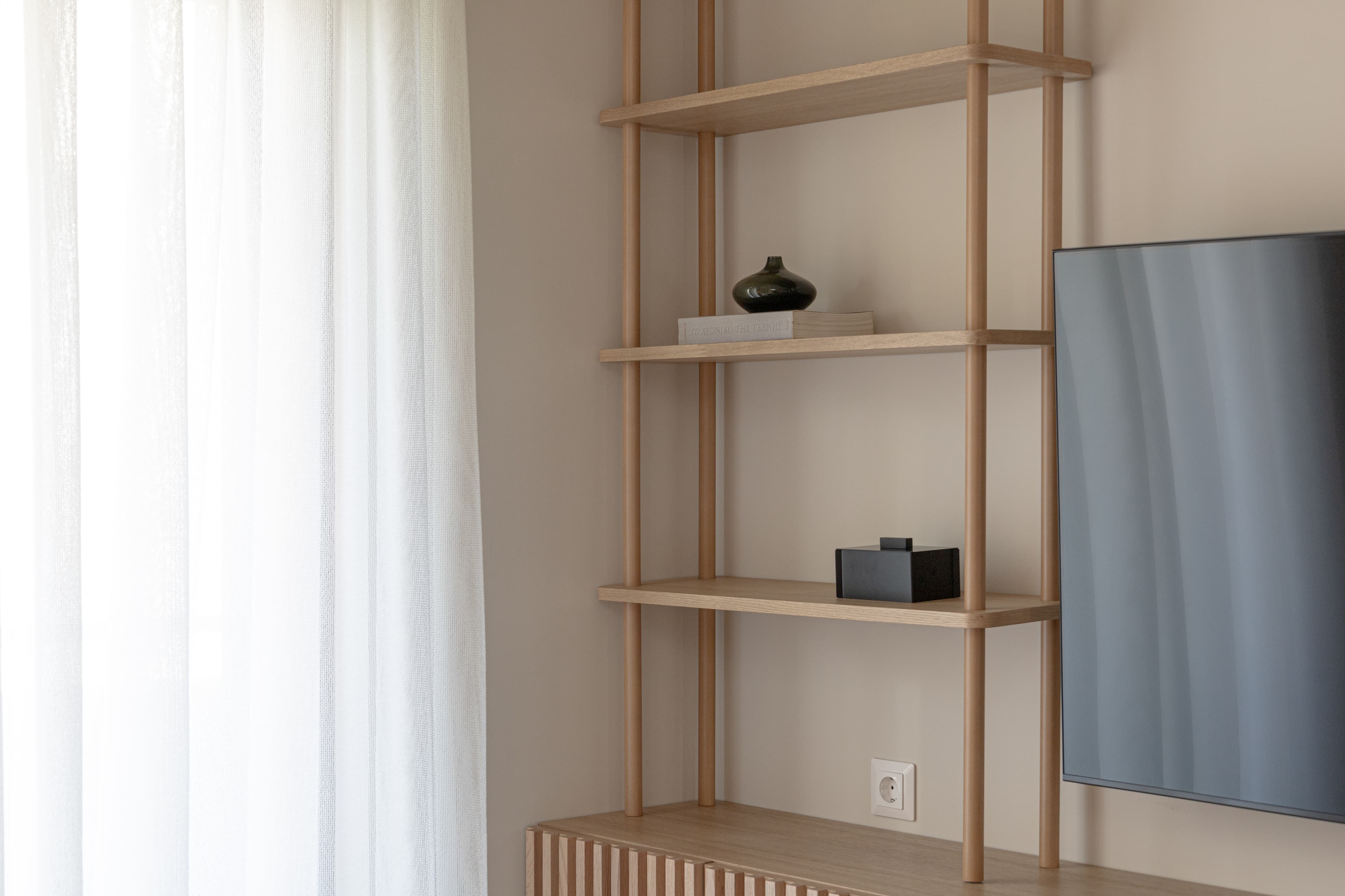 Oak shelving unit in the living room