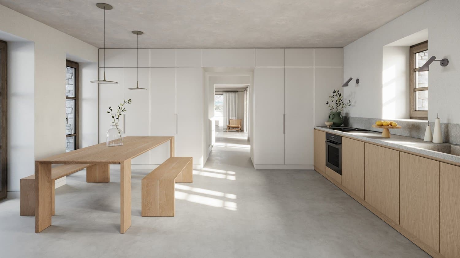 Kitchen and dining space in light oak