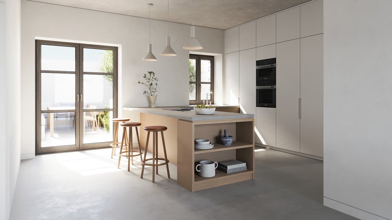 Kitchen island with oak stools