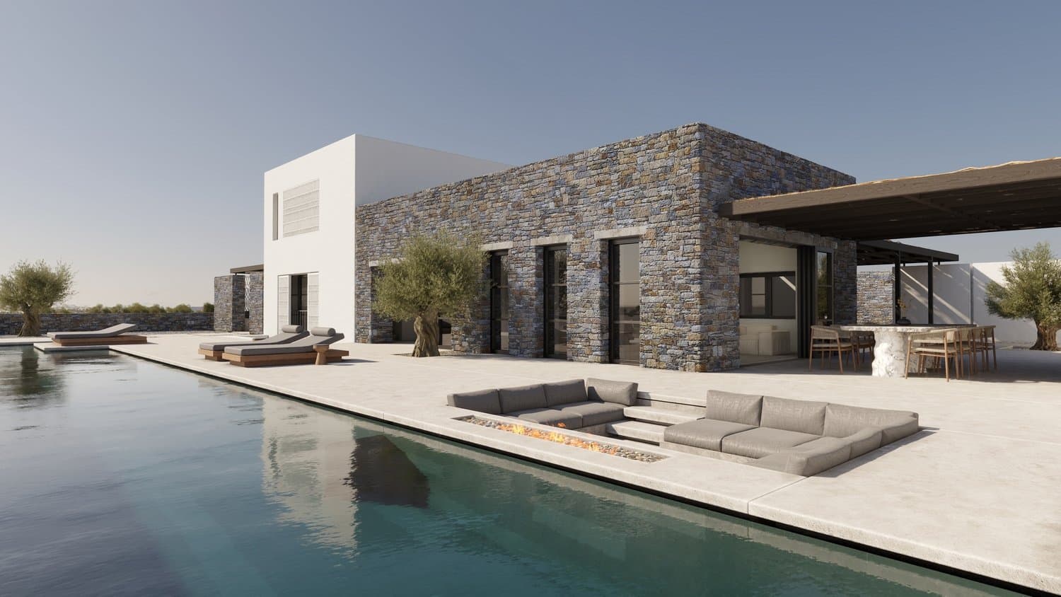 Pool terrace with sunken lounge and outdoor dining