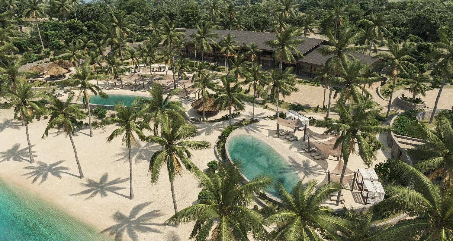 Aerial view of the beach club and pools