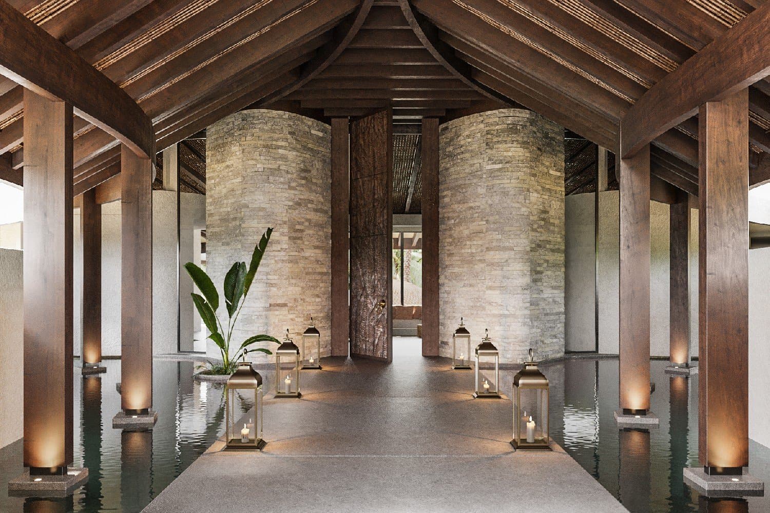 Lantern-lit arrival corridor surrounded by water