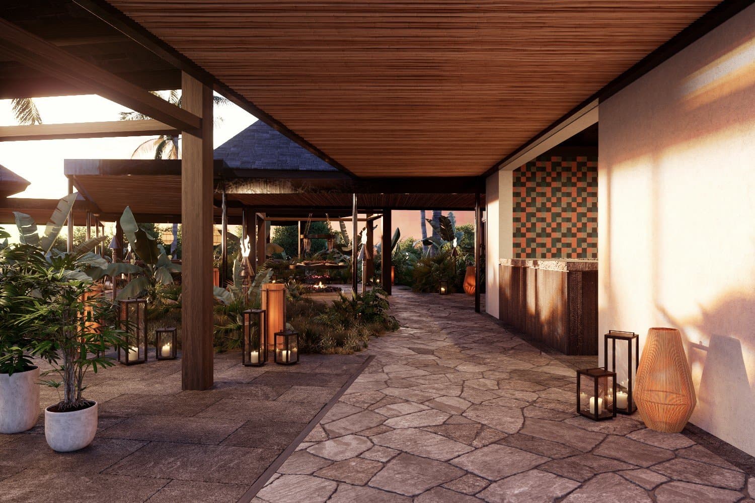 Covered walkway to the restaurant terraces