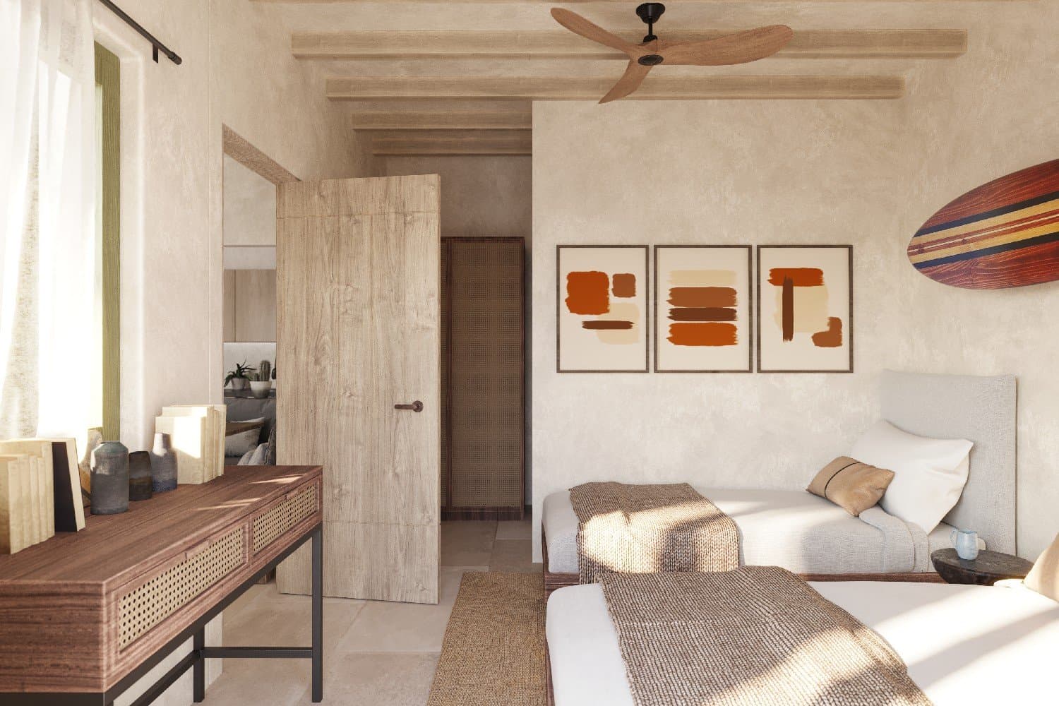 Twin bedroom with surf-inspired details