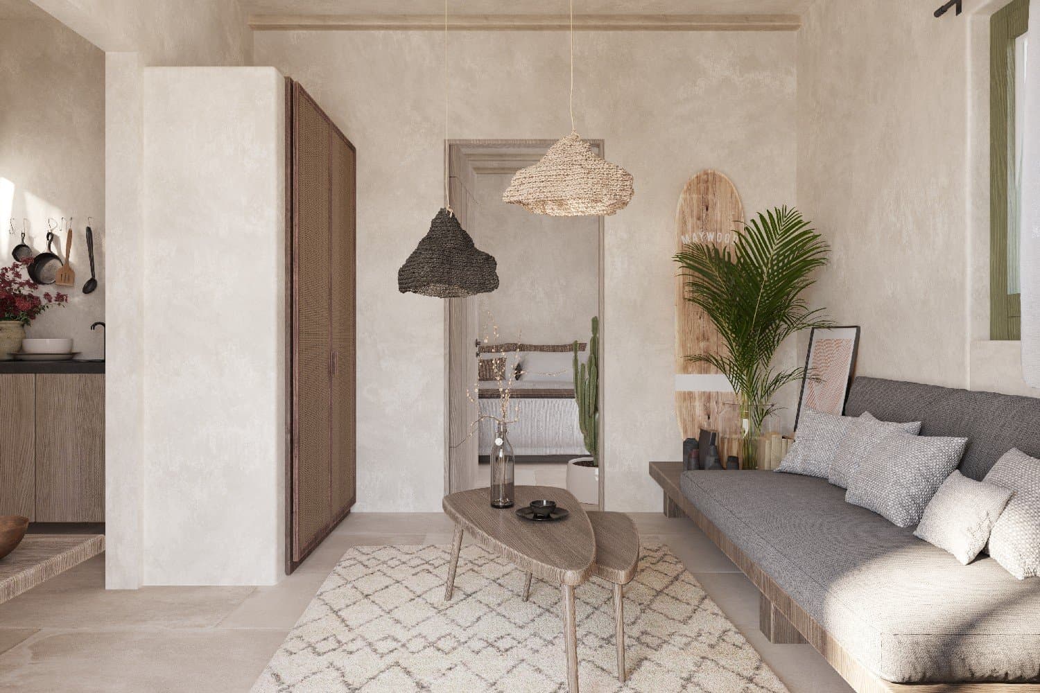 Living area with built-in sofa