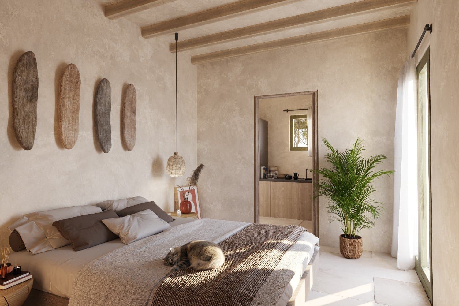 Bedroom opening to the kitchenette