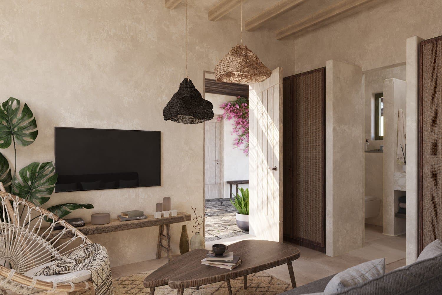 Living room opening to the bougainvillea courtyard